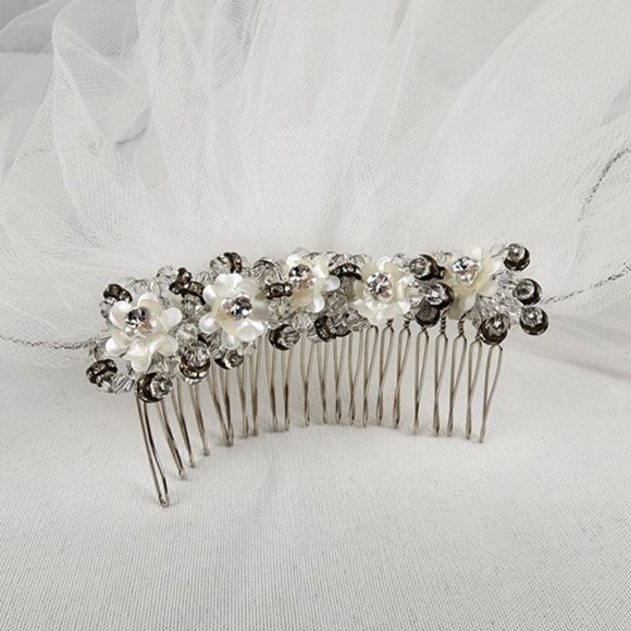 White 2 Layer Beaded Comb Silver Trim Veil main image 9
